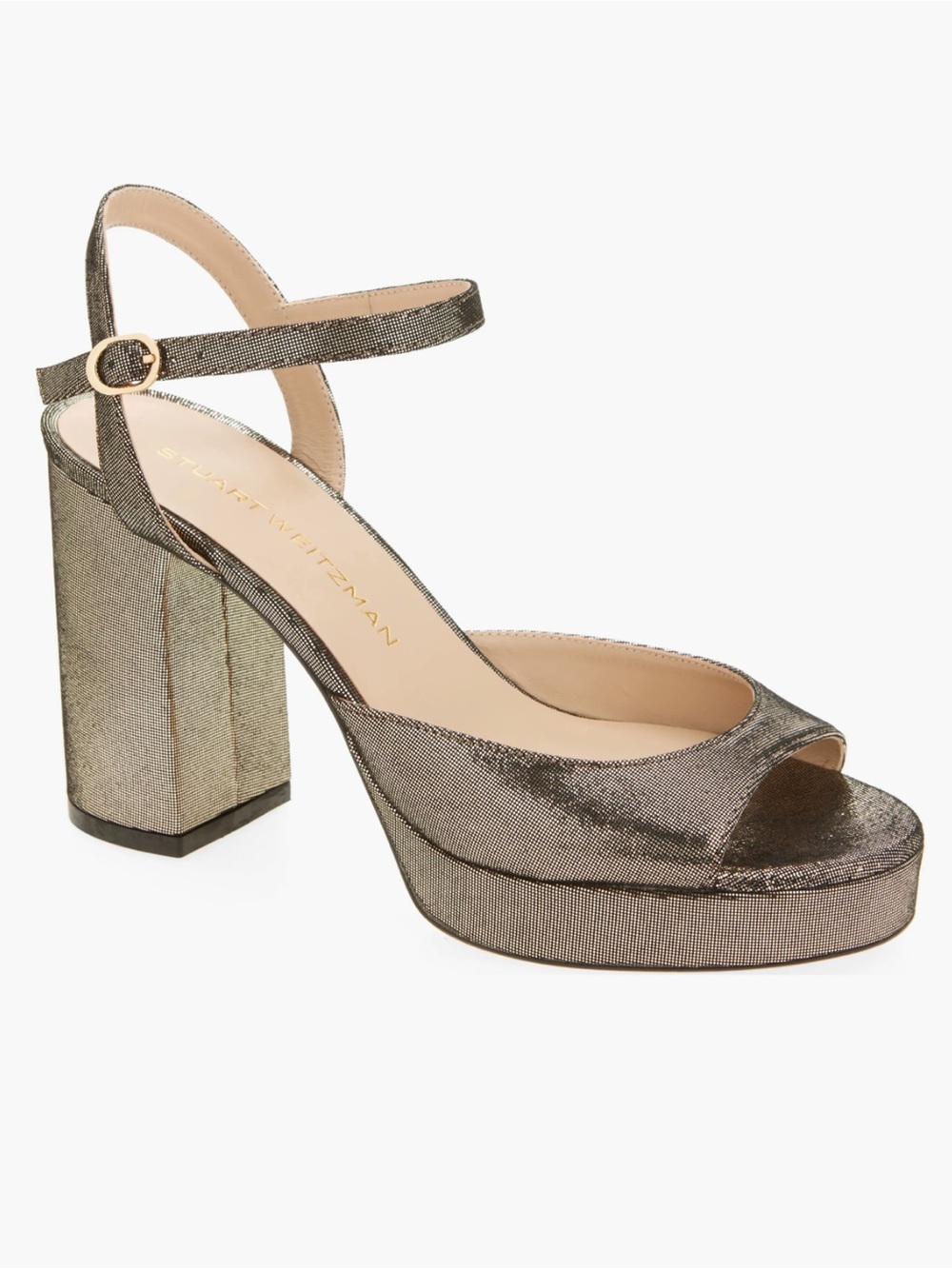 Stuart Weitzman Metallic Pewter Platform Sandal with Ankle Strap